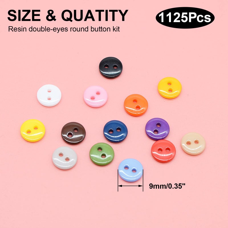 OELFFOW Round 2 Holes Craft Buttons  1125Pcs 0.35 Inch(9mm) Sewing Buttons  15 Colors Resin Buttons  for Sewing Children Sweater DIY Crafts Scrapbooking Children's Manual Project - Image 2